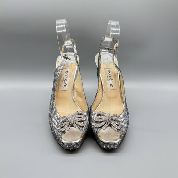 Jimmy Choo Shoes Womens 9.5 Silver Peep Toe Slingback Glitter Crystal Bow Heels - Picture 3 of 13